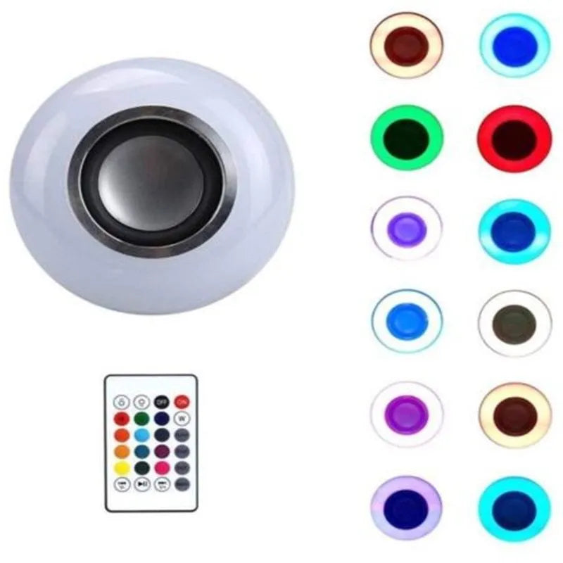 White Bluetooth speaker LED light bulb with E27 screw base and remote control.