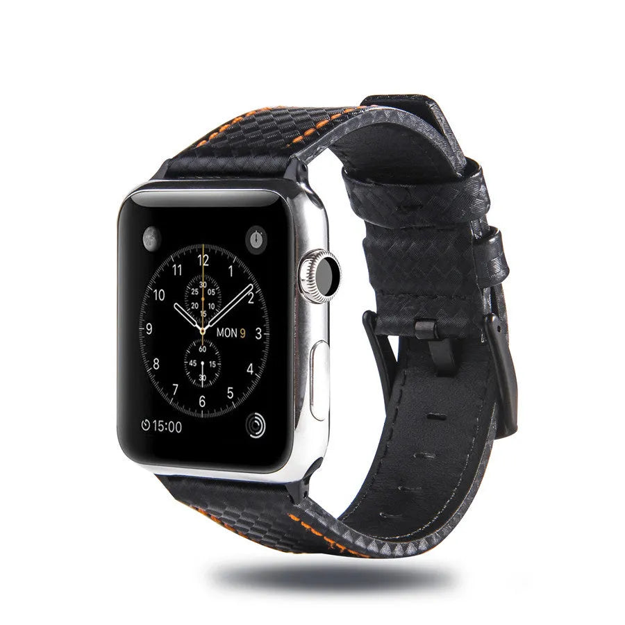 Carbon fibre pattern and leather iPhone watch strap in four colour options with two size ranges