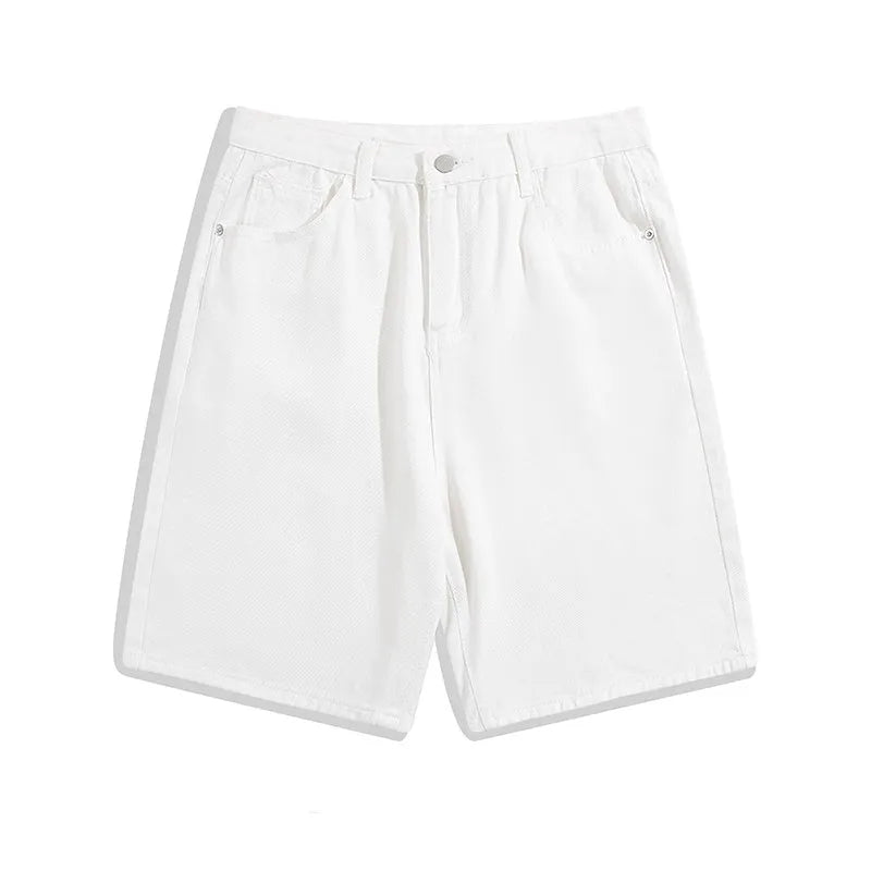Men's light blue denim shorts with a straight leg and five-pocket design on a mid-waist fit.
