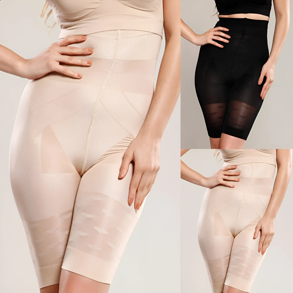 Women's black seamless high-waist shapewear shorts for tummy control laid flat.