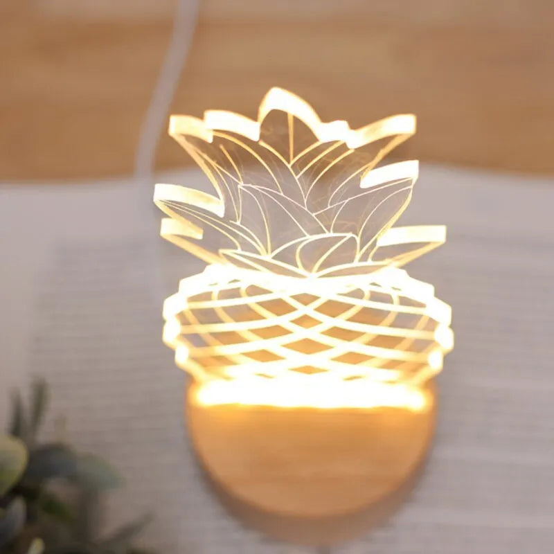 Pineapple-shaped wooden and acrylic cartoon night light with USB cable and dimmable controls.