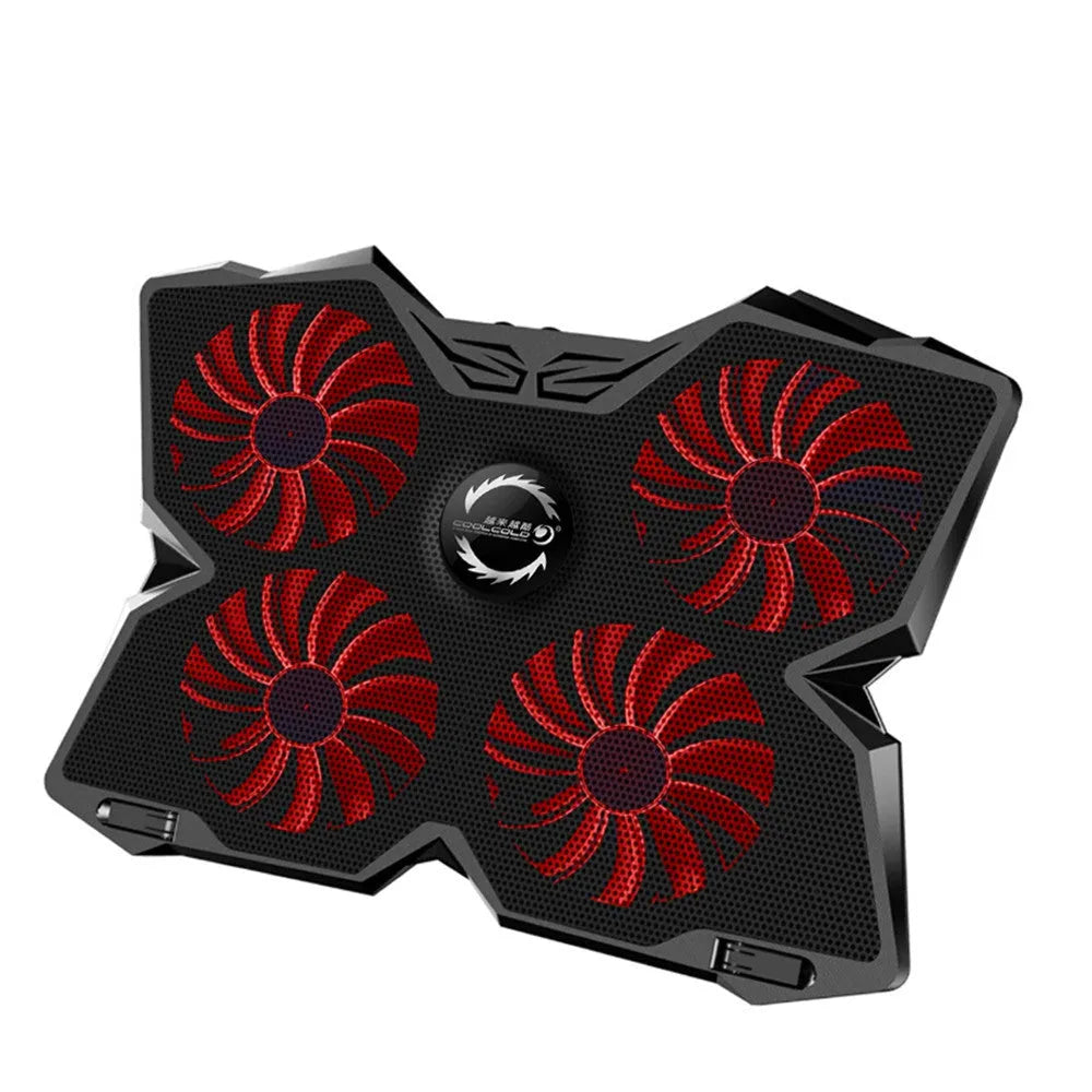 Blue laptop cooling pad with four illuminated fans, two USB ports, and speed control switches on a desk.