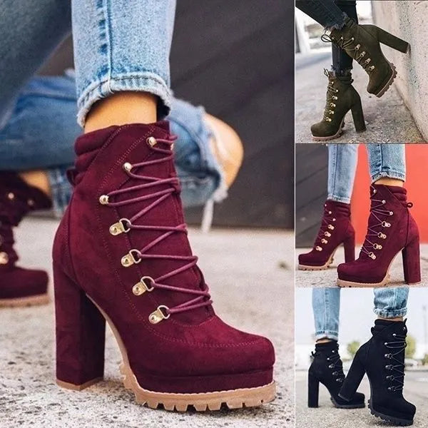 Women's suede high heel ankle boots with 8cm block heel in four colour options