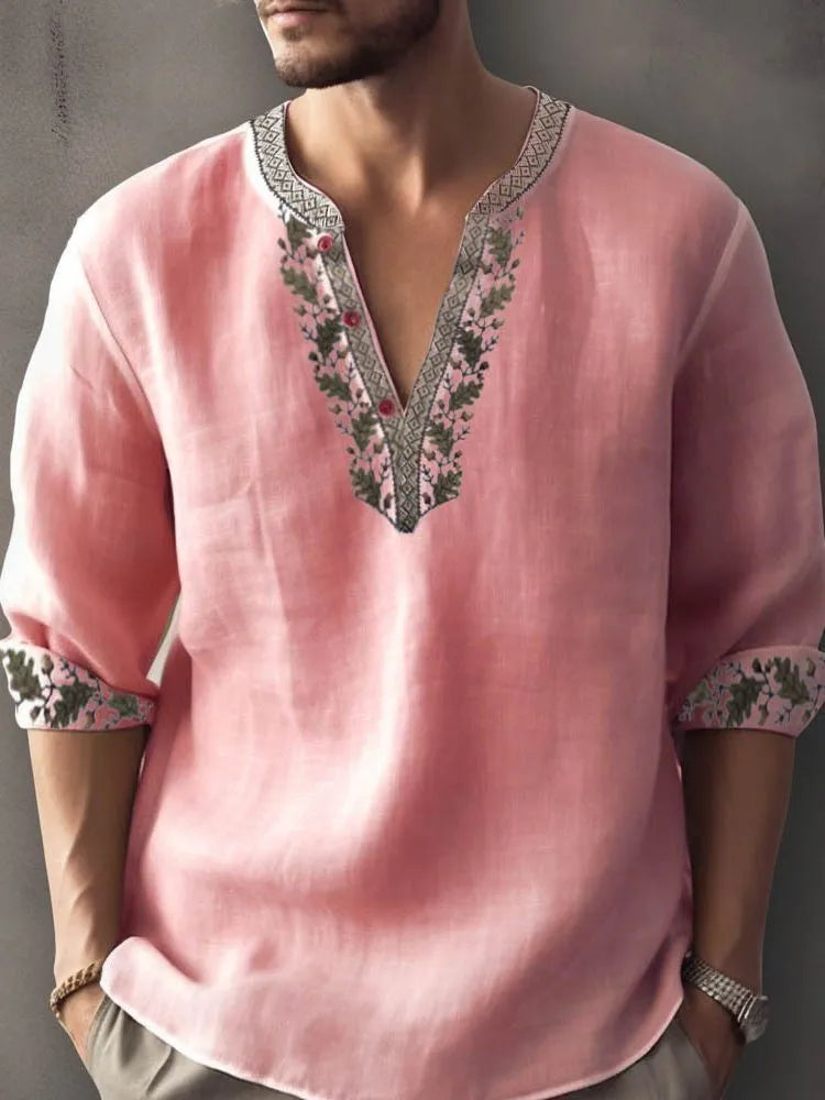British style striped short sleeve shirt in bamboo hemp fabric on a hanger.