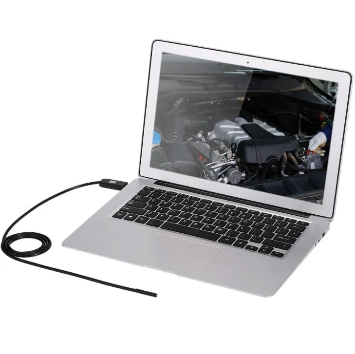 OWSOO USB endoscope camera with 5m cable, 6 LED lights, magnet, and hook accessories on a white background.