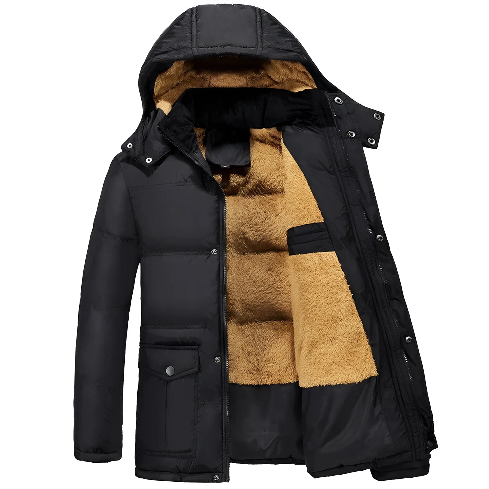 Man wearing a loose-fit black velvet padded jacket with a hood and double-breasted front.