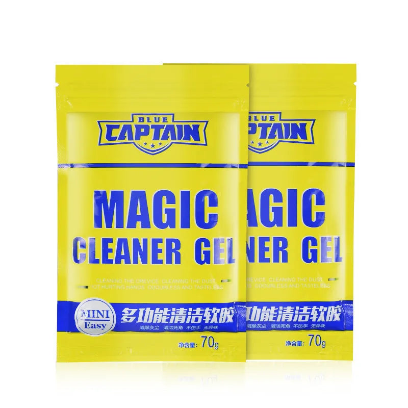 Multifunctional cleaning soft gel in blue and yellow on a car dashboard