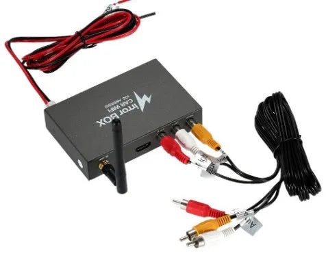 Black car mirror link box Wi-Fi converter with power cable, antenna, AV cable, and manual for smartphone car entertainment
