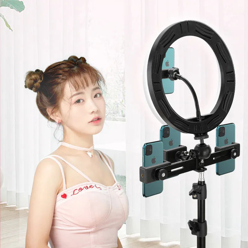 10-inch smartphone ring light on a 19cm adjustable metal tripod stand for selfies and video.