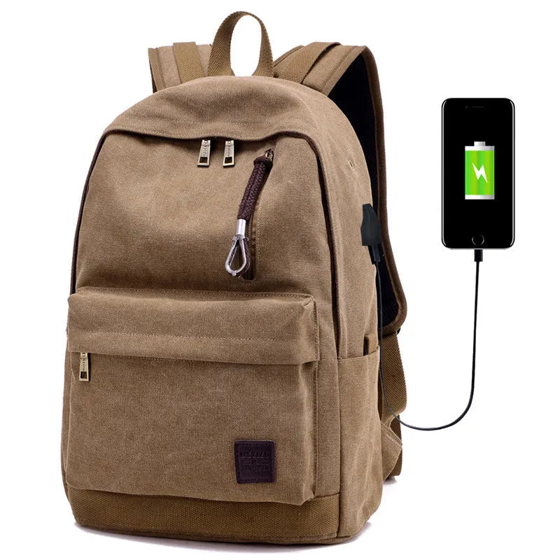 Canvas backpack with USB charging port showing coffee colour variant