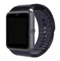 Black smart watch with 1.54 inch touch screen on a silicone strap, showing a clock face.