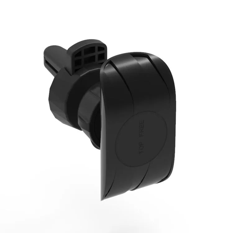 Black car phone holder mounted on car air vent with adjustable clamp and flexible positioning arm