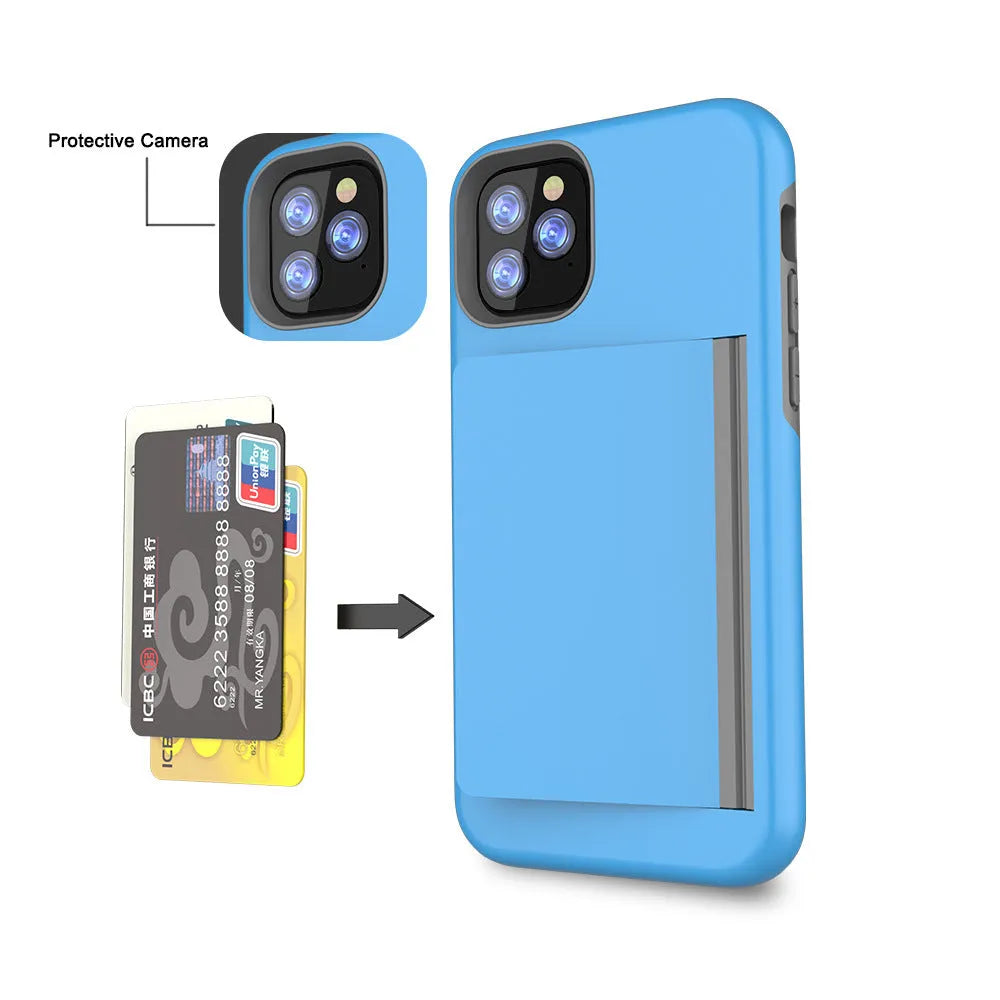 Simple solid-colour TPU and PC phone case for iPhone 11, shown in black, red, pink, dark blue, blue and purple.