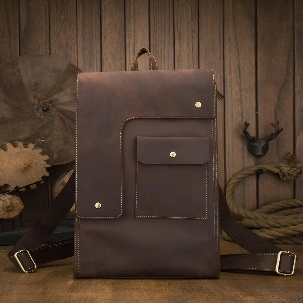 Dark brown genuine leather men's travel bag with vertical square design and shoulder straps