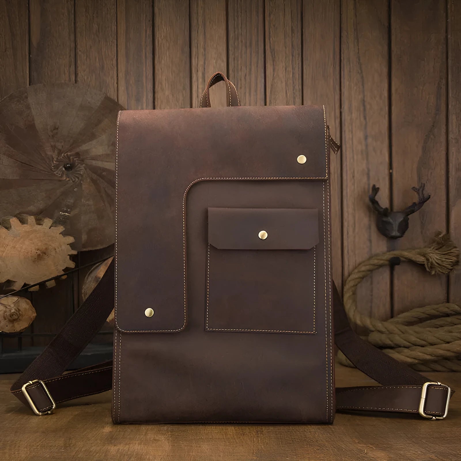 Dark brown genuine leather men's travel bag with vertical square design and shoulder straps