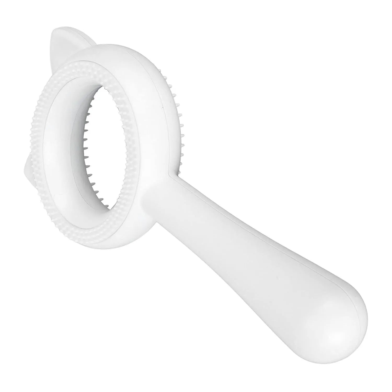 Blue and white pet grooming brush with double-sided design showing deshedding and massage functions