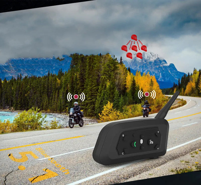 V6pro motorcycle helmet Bluetooth intercom unit with mounting hardware and headphones