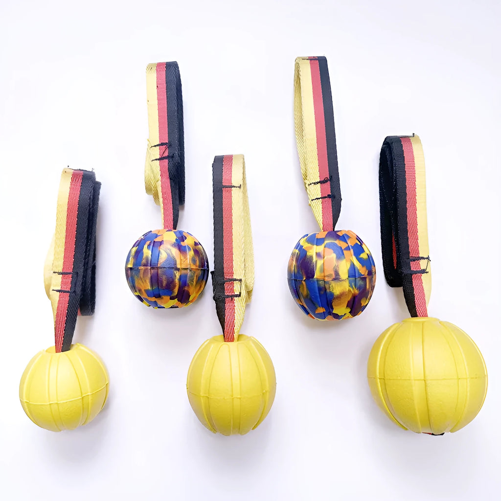 Floating camouflage and yellow EVA tetherball dog toys in three sizes: 6.5cm, 7cm, and 9cm diameters