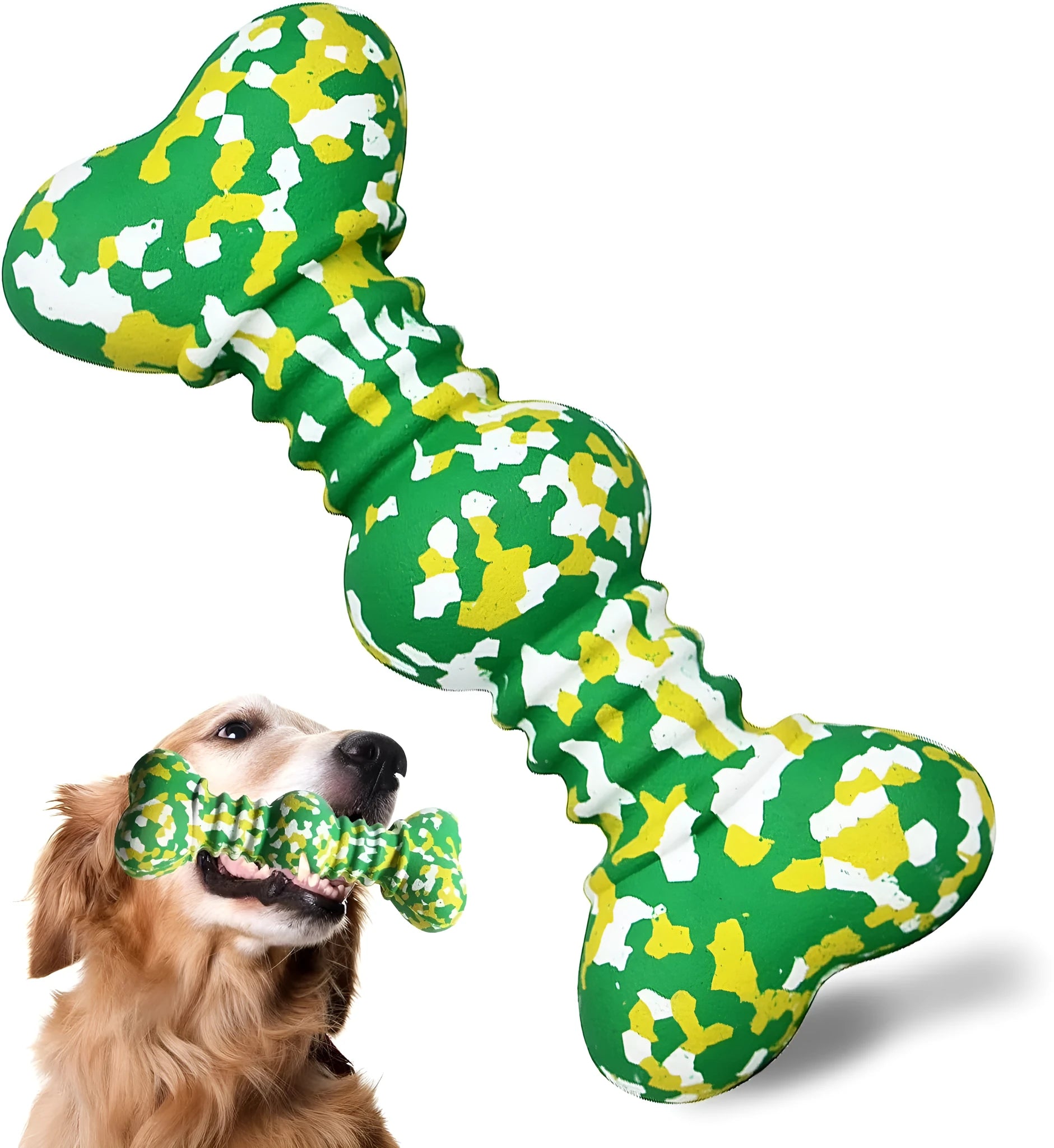Natural rubber dog chew toy with camouflage pattern for large breed aggressive chewers