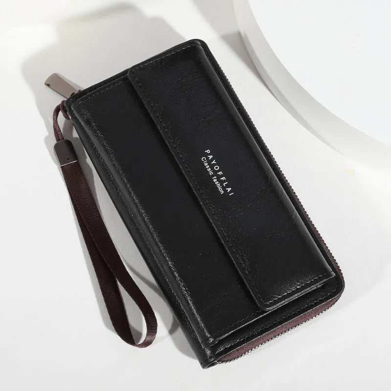 Men's black PU leather long wallet showing multiple card slots, placed next to a brown colour option.