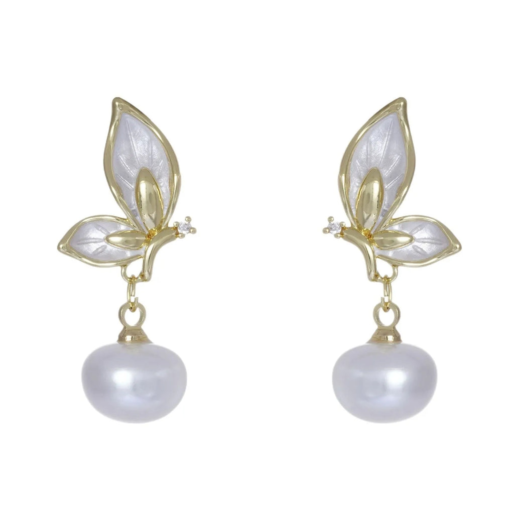 A pair of simple butterfly drop earrings for women with an electroplated finish on a copper base.