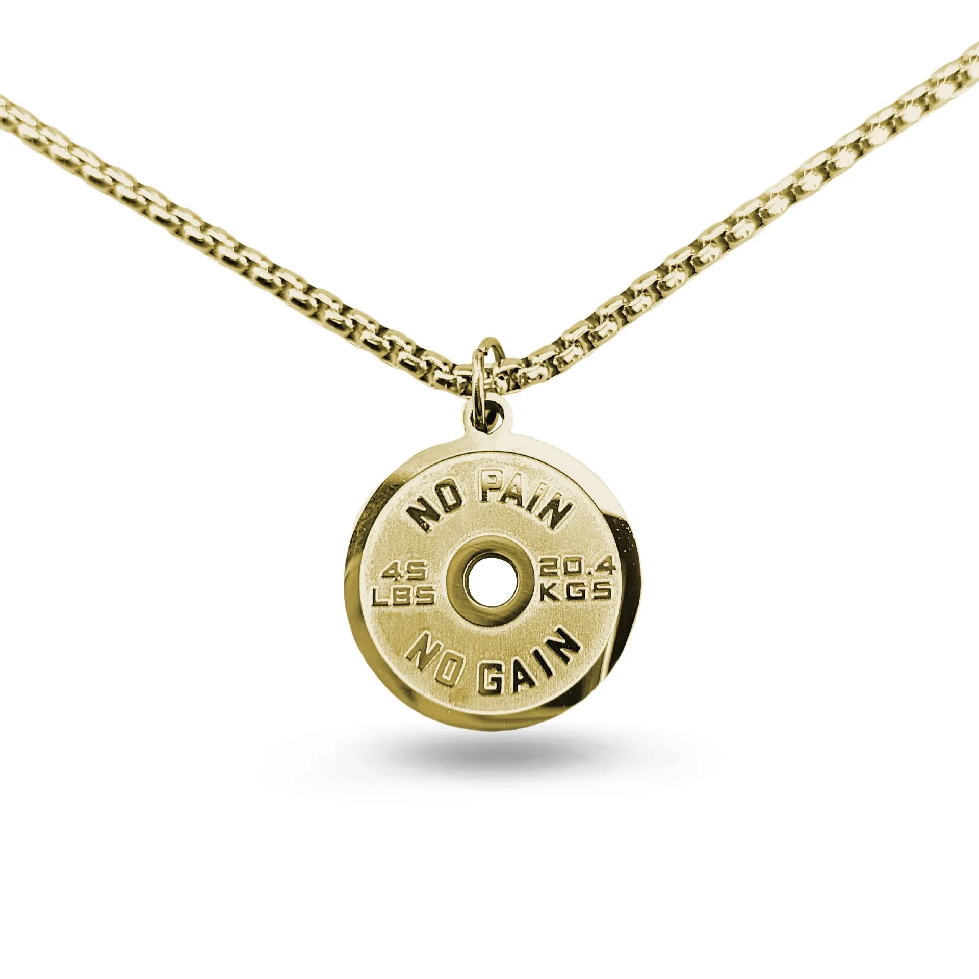 Polished stainless steel barbell disk pendant necklace available in black, gold, and pearl chain styles for fitness fashion