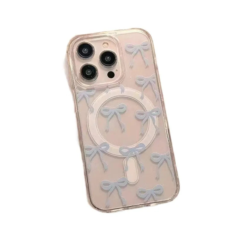 Bow print acrylic mobile phone case with magnetic suction, blue paste bowknot, compatible with iPhone