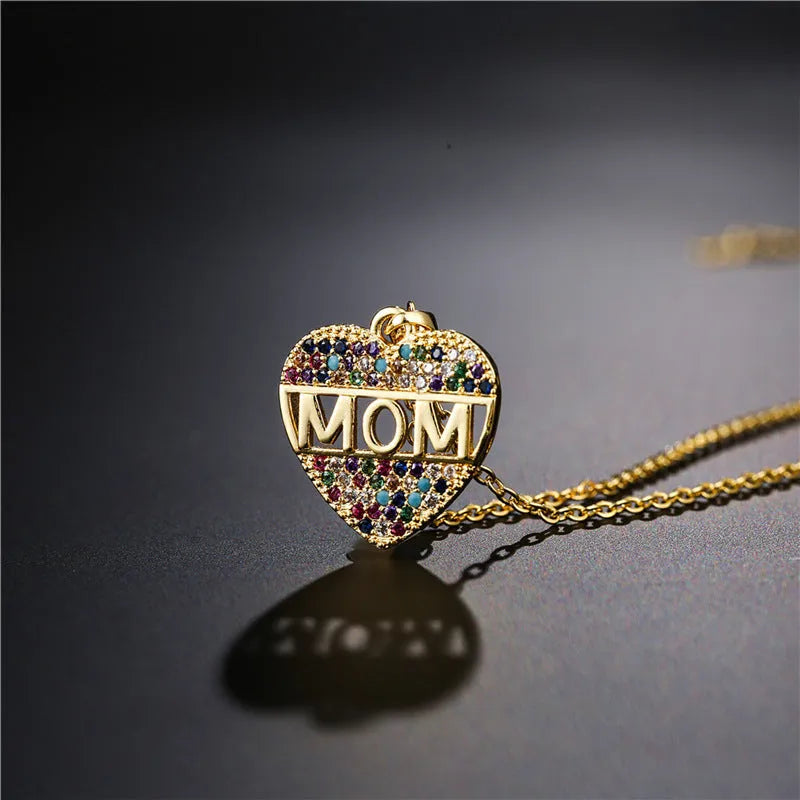 Copper MOM heart pendant necklace with micro inlay on adjustable chain