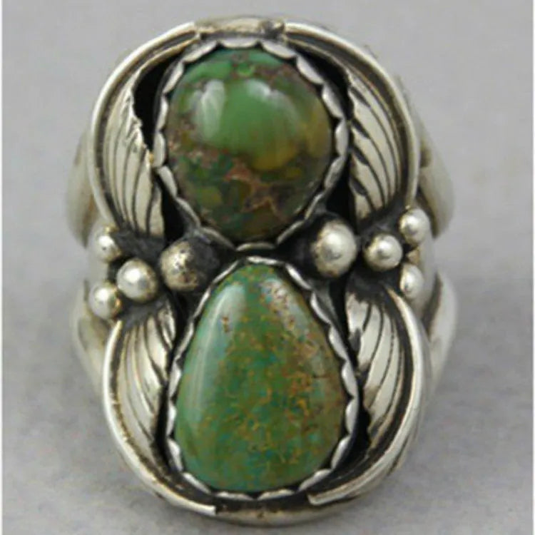 Geometric turquoise ring with inlaid retro design for women, shown on a finger