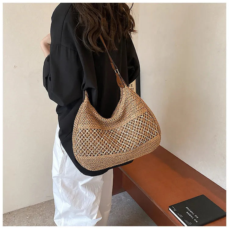 Women's straw cross body bag with sandwich pocket in khaki colour horizontal square shape