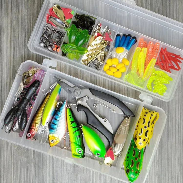 142-piece fishing lure suit set with hard mino sequins, metal hooks, and plastic lures arranged in case