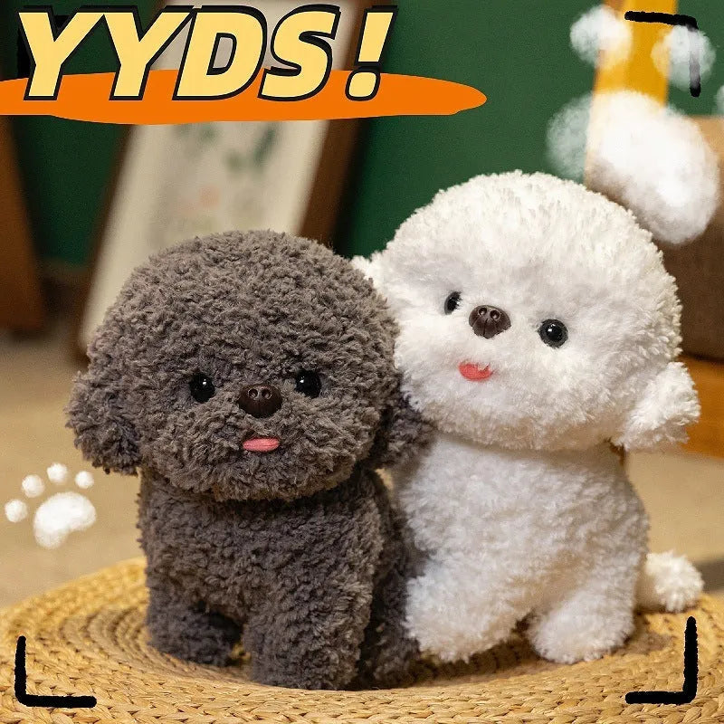 Cute simulation Bichon Frise plush toy with tongue sticking out, available in gray or white, 20cm or 30cm sizes