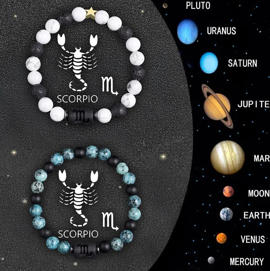 Natural stone bead zodiac bracelet set showing two adjustable cord bracelets with twelve zodiac sign designs