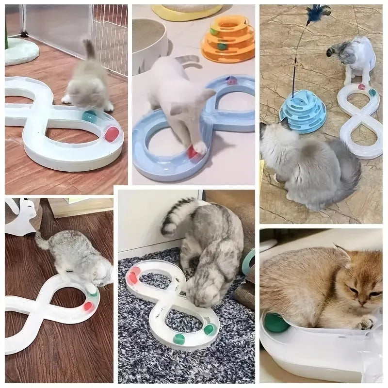 Blue and white interactive cat toy turntable with ball track and teasing stick on floor