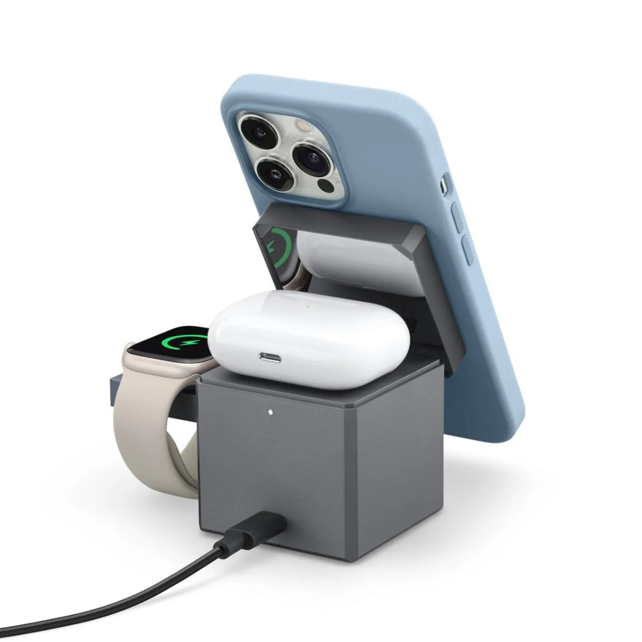 Foldable magnetic wireless charging station for iPhone, AirPods and Apple Watch with LED indicator