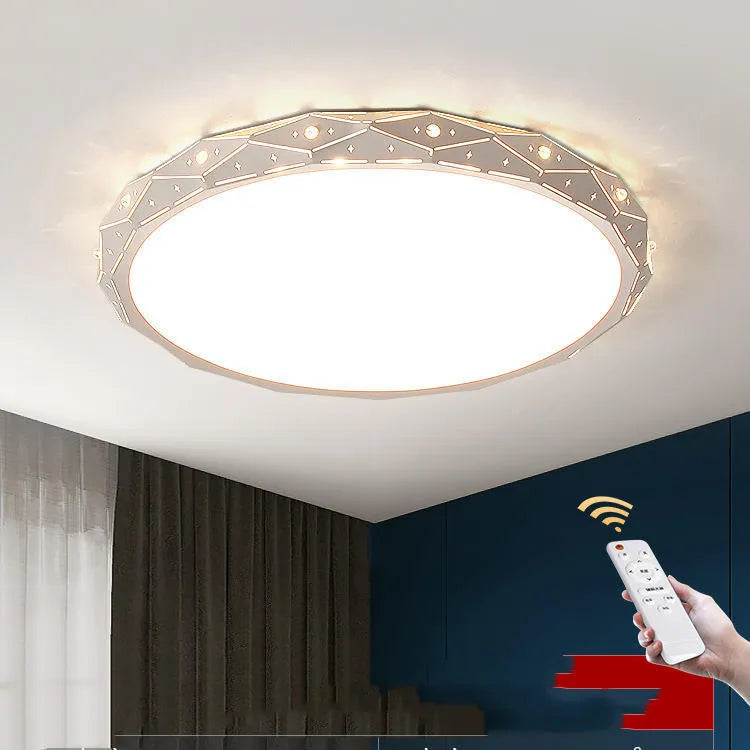 Round LED ceiling light with black iron frame and dimmable function for room illumination.