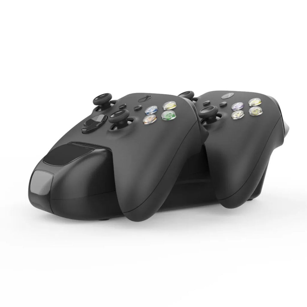 Black Xbox Series X/S dual controller charging station with LED lights and two battery packs on dock.