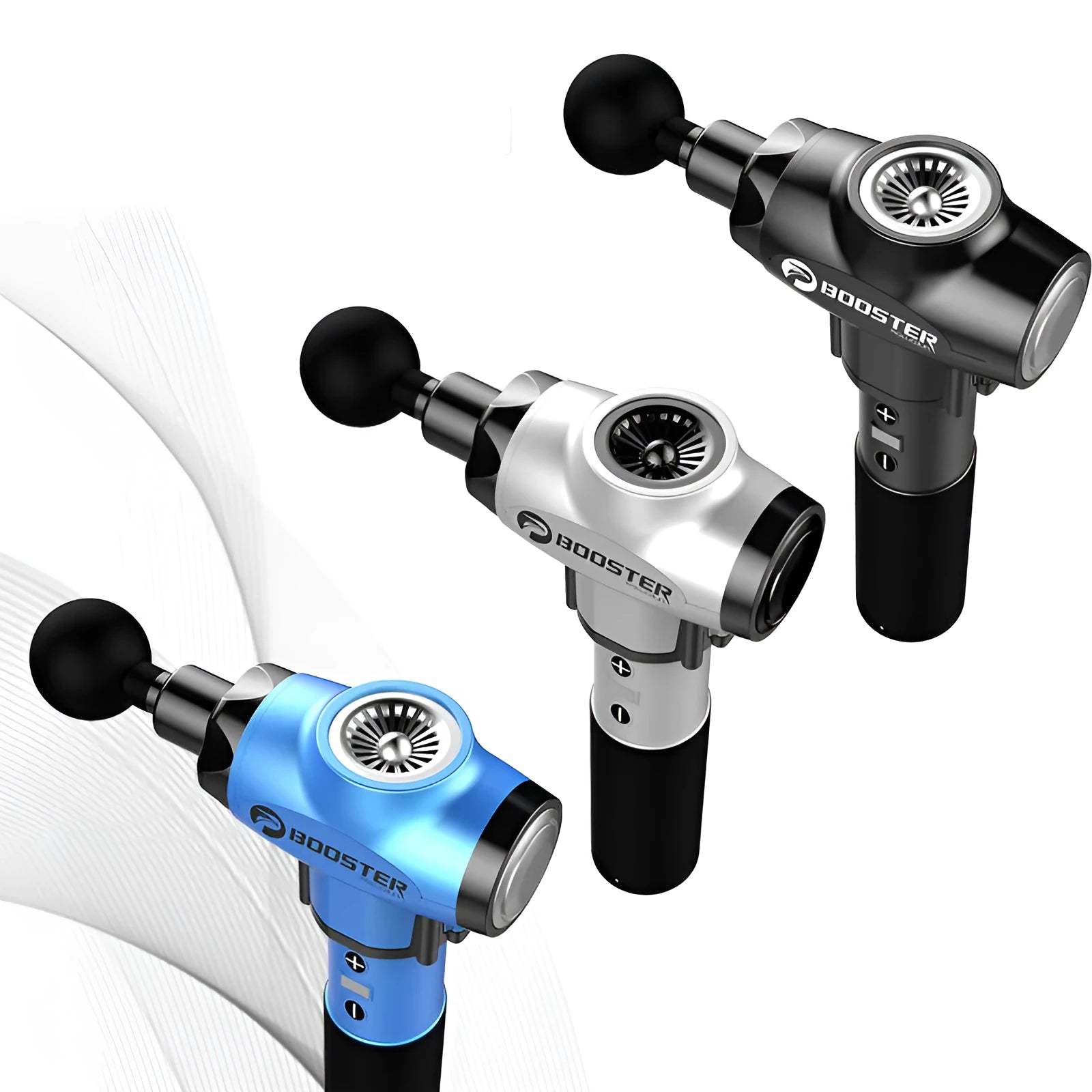 Black and white cordless muscle massage gun with adjustable speed settings