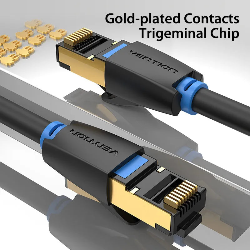 CAT8 shielded flat and round ethernet cable with RJ45 connectors for 10G gaming and home networks.