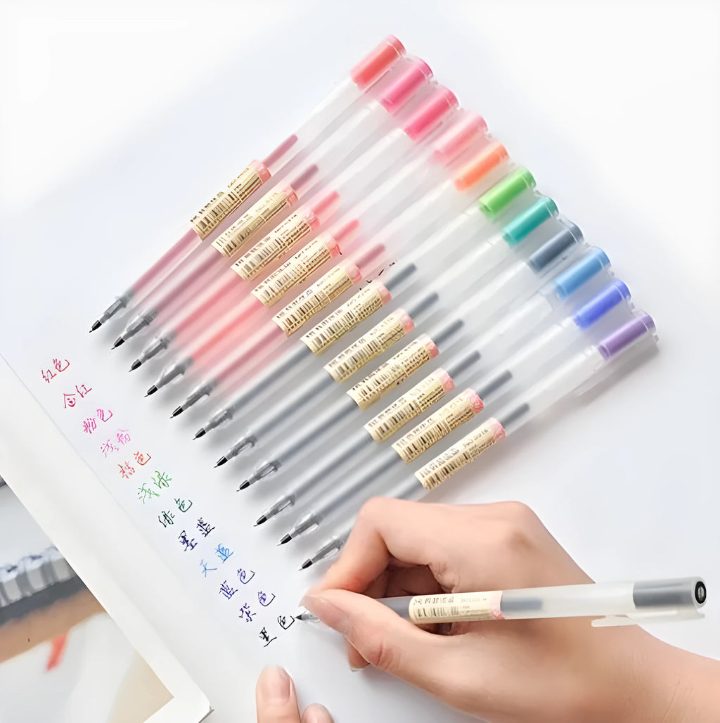Set of 12 gel pens with 0.5mm fine nibs, showcasing ink control mechanism design.