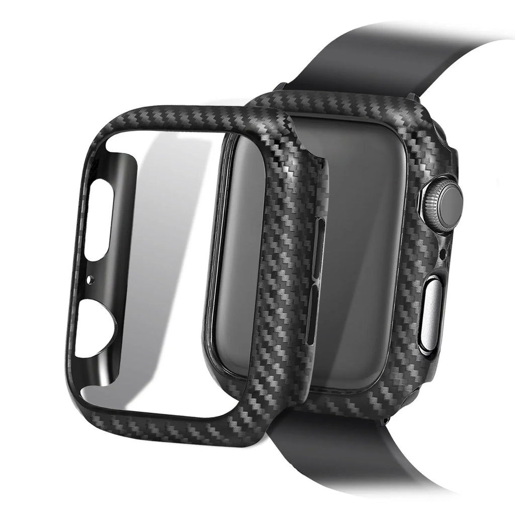 Carbon fibre pattern and leather iPhone watch strap in four colour options with two size ranges