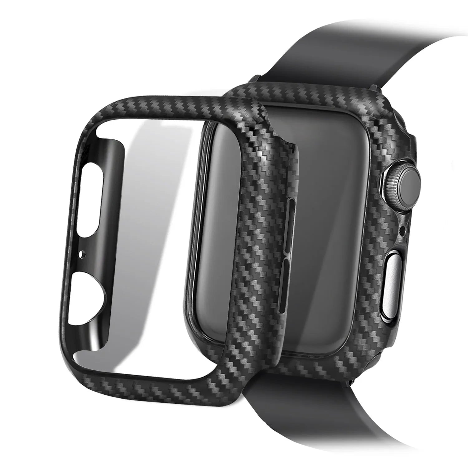 Carbon fibre pattern and leather iPhone watch strap in four colour options with two size ranges
