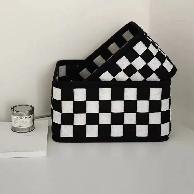 Grey checkerboard woven felt storage box folded flat showing dimensions 37x29x19.5cm