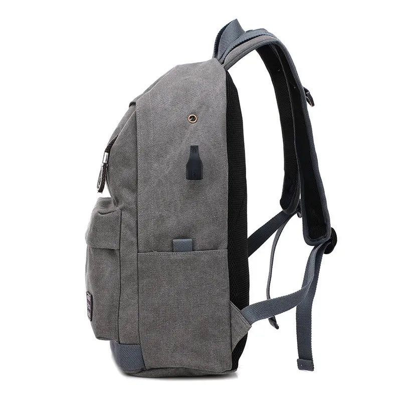 Canvas backpack with USB charging port showing coffee colour variant