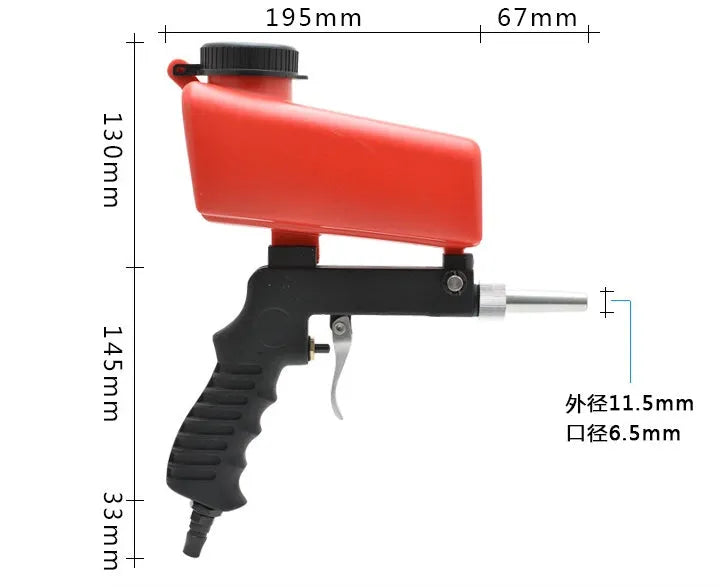 Portable black pneumatic sandblasting gun with a top-mounted hopper and a 6.5mm nozzle.