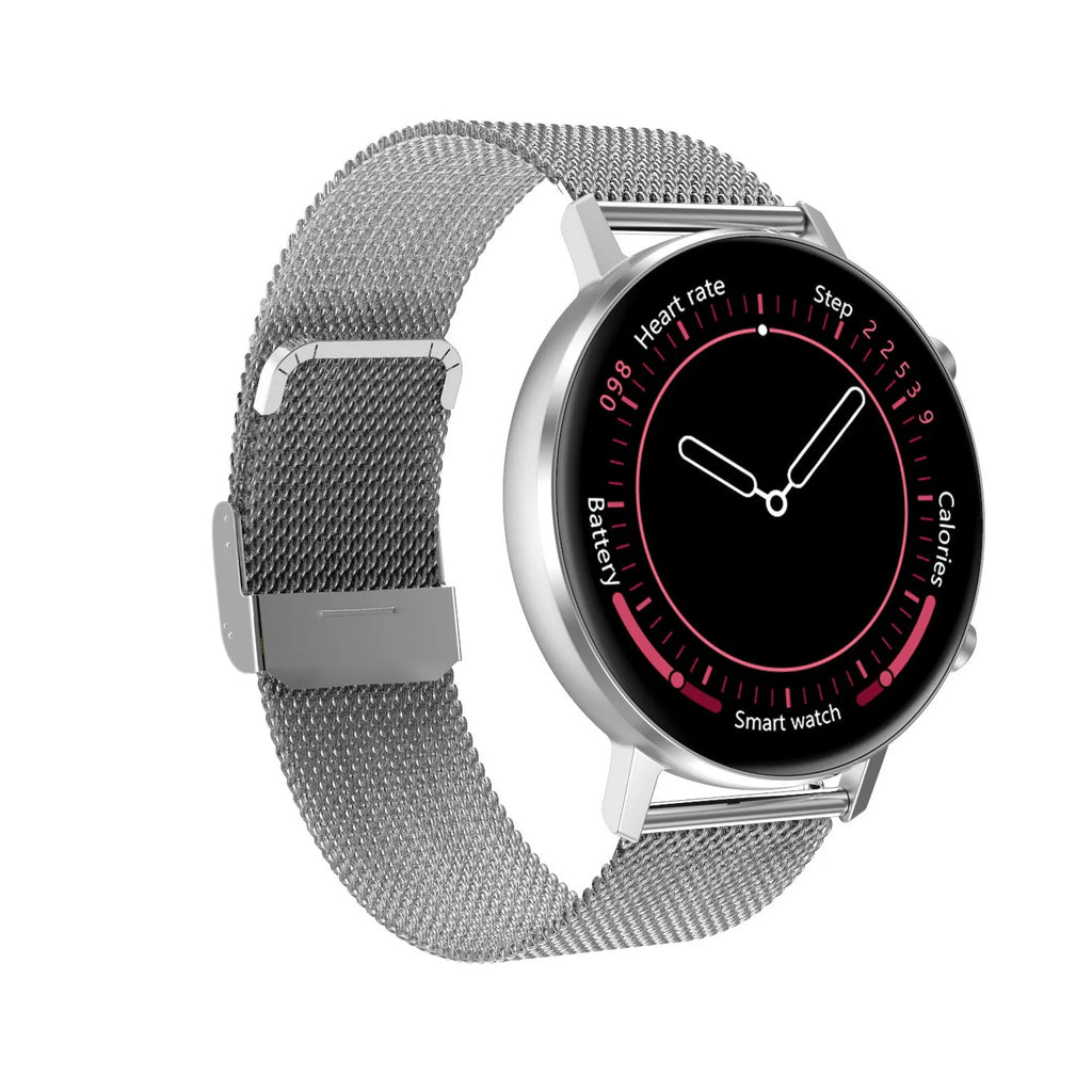 DT96 smart bracelet with 1.3-inch screen on a steel strap, shown in silver.