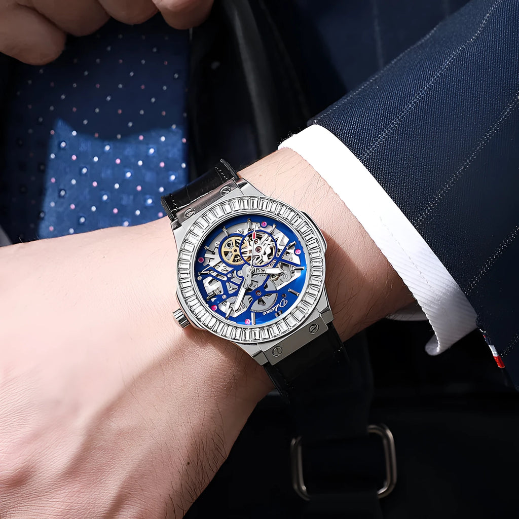 Automatic mechanical men's watch with hollow movement design and diamond studding on white shell