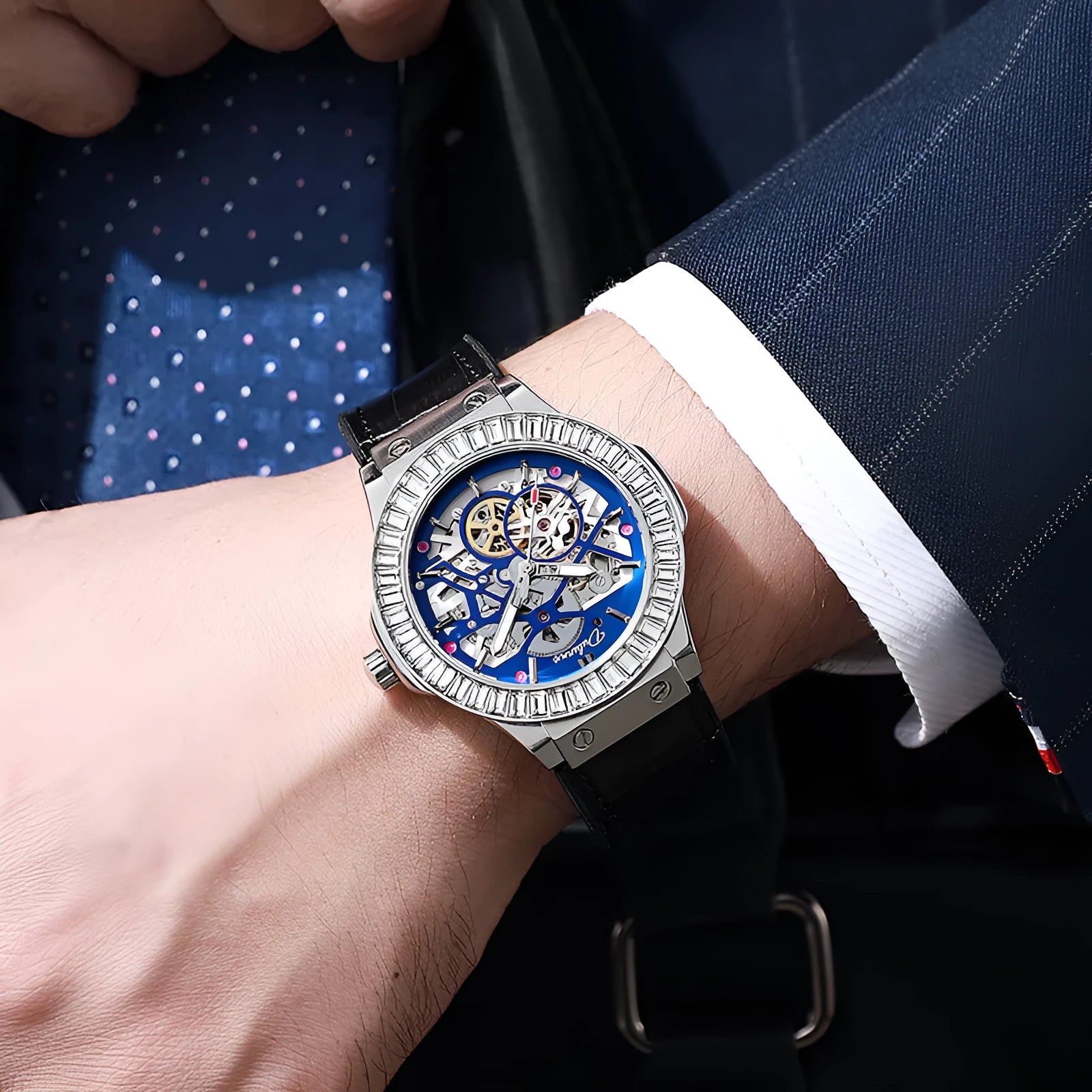 Automatic mechanical men's watch with hollow movement design and diamond studding on white shell