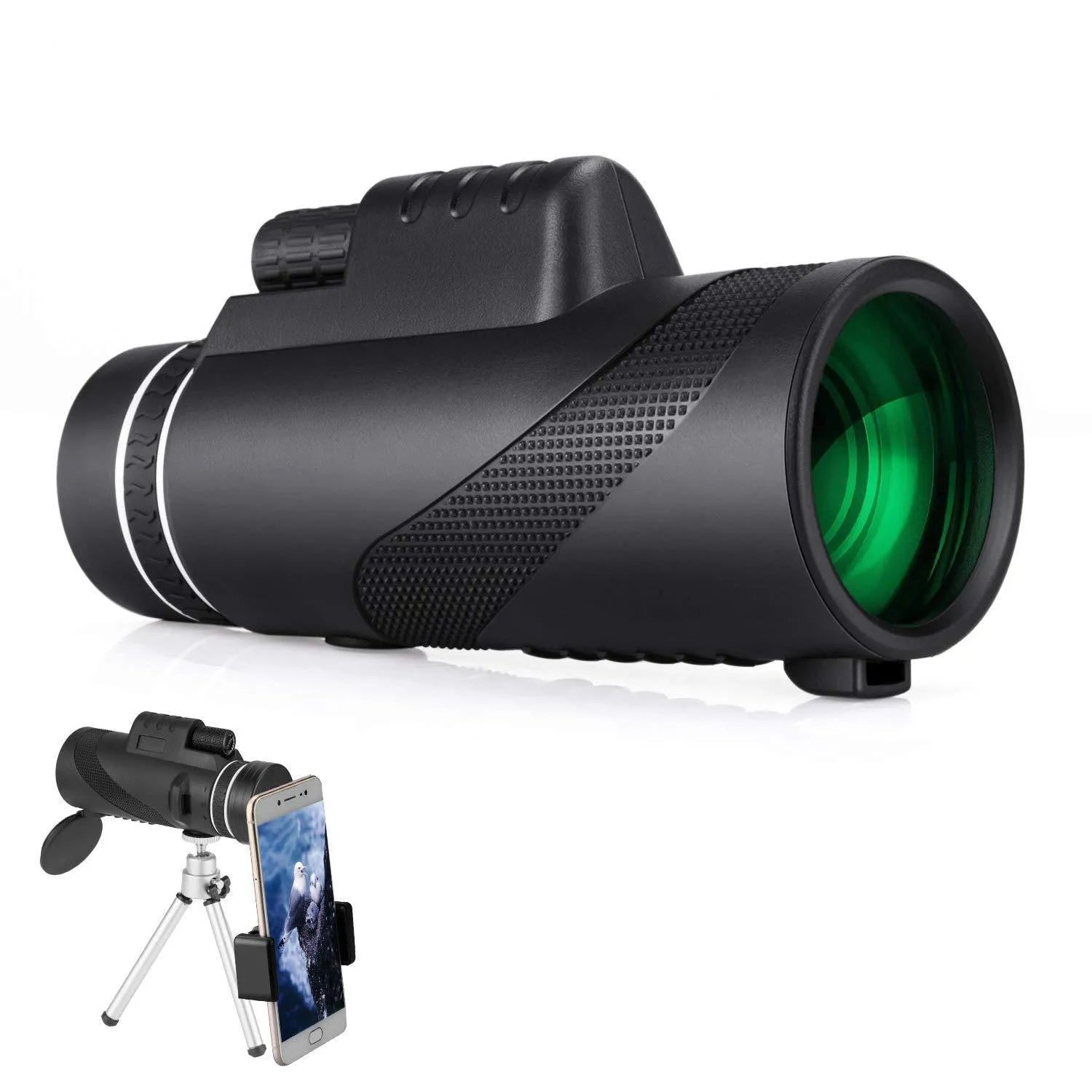 Black monocular telescope with 60mm lens for smartphones showing 40x magnification and waterproof design