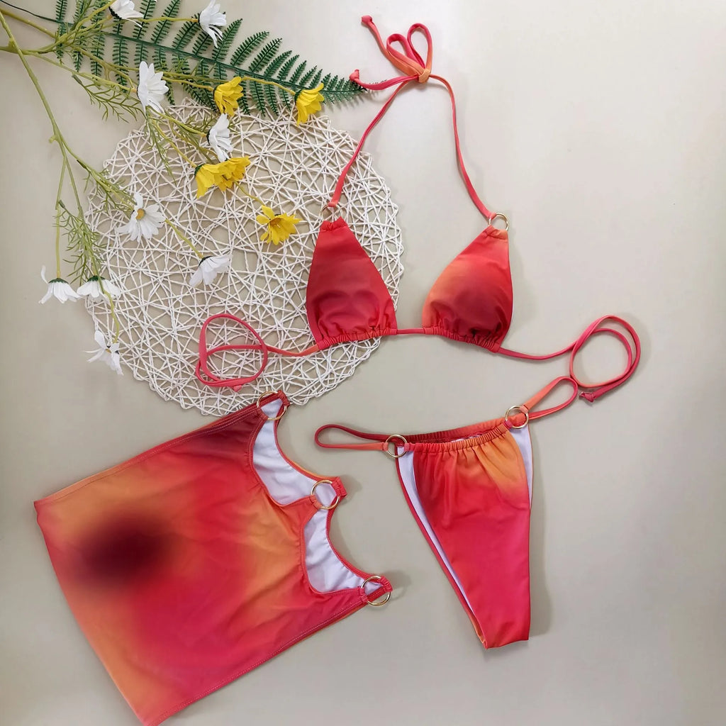 Tie-dye gradient three-piece swimwear set with halter top and skirt